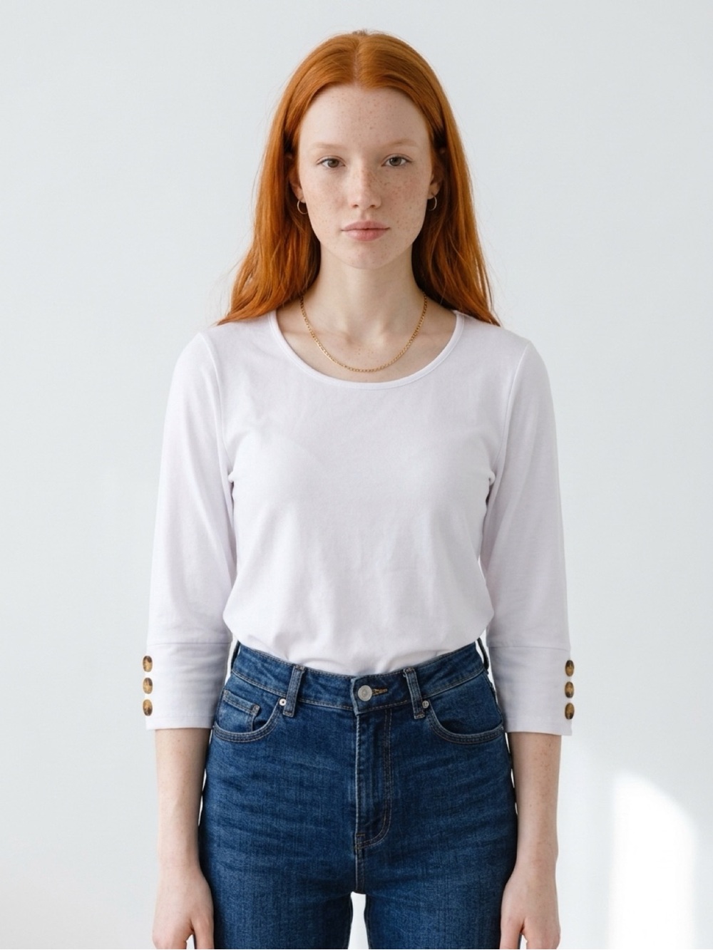 Amazon Women's White 3/4 Sleeve Crewneck Top with Button Cuffs